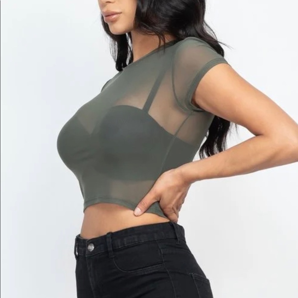NEW ON TRENDY OLIVE SHORT SLEEVE CROPPED TOP SHEER MESH SHIRT - Picture 7 of 7